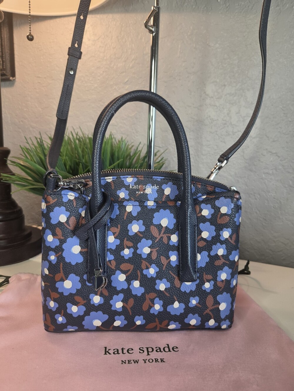 Kate Spade Navy Floral Leather Mini Satchel with Blue Flowers